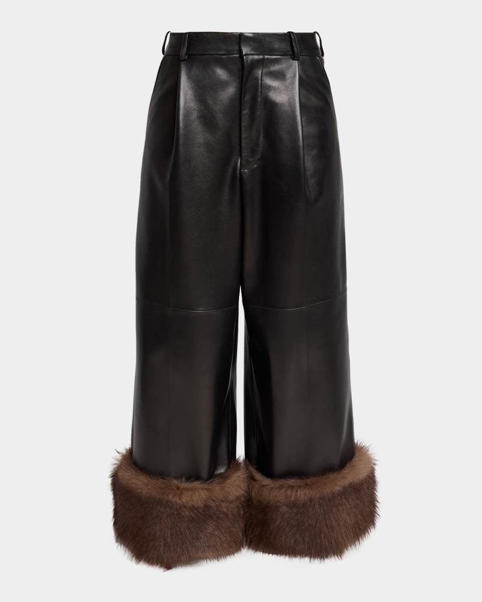Turn-Up Shiny Leather Wide-Leg Ankle Trousers With Lamb Shearling Cuffs